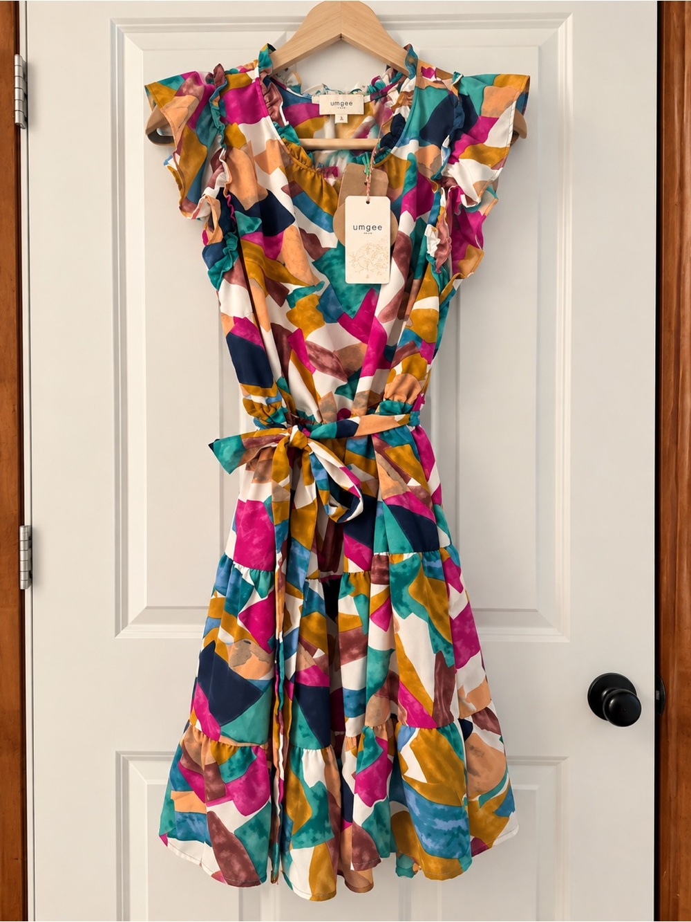 Umgee Multicolor Ruffle Tie-Waist Dress - Teal, Mustard, Magenta, Navy